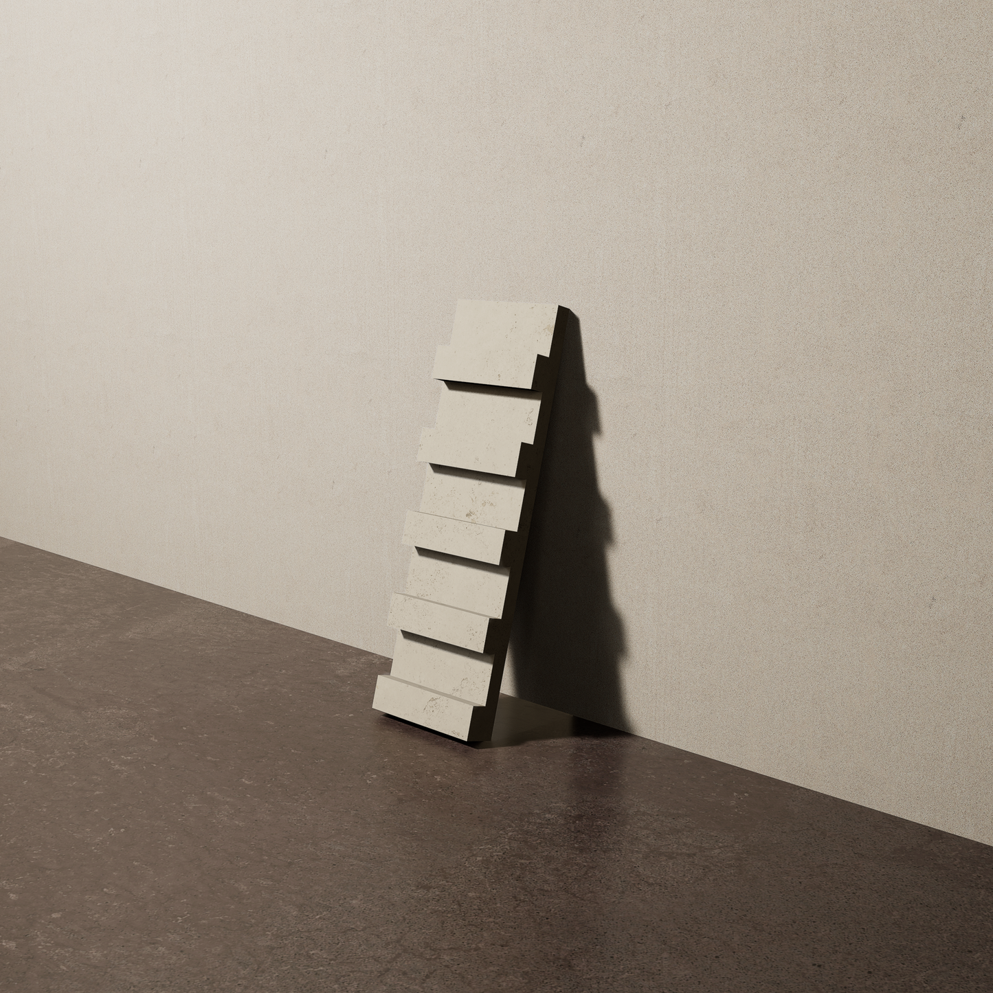 a 4"x12.5" bespoke dimensional concrete tile with five evenly spaced tiers leans against a textured, plaster wall on an unfinished concrete floor