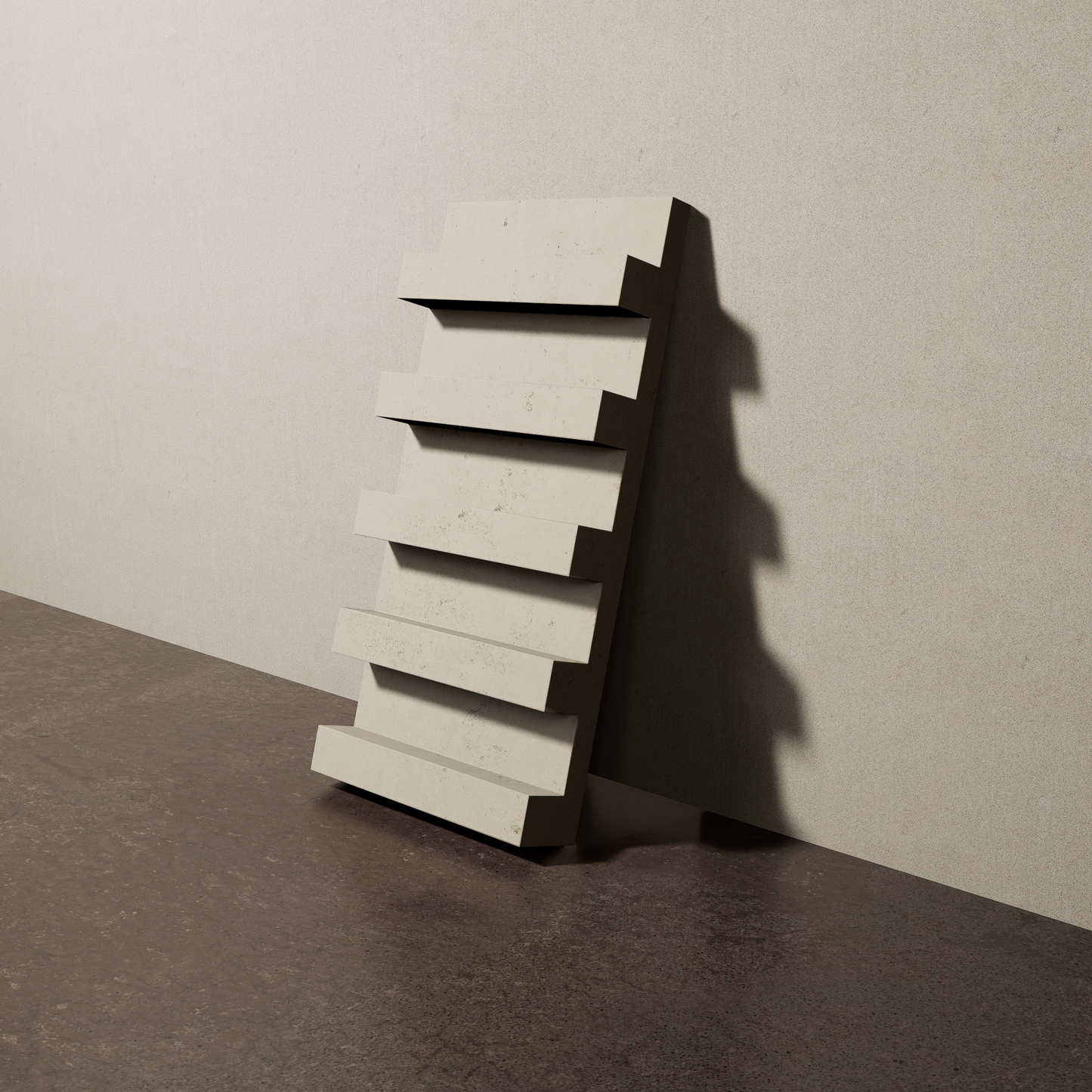 a 16"x8" bespoke heavy concrete tile with five evenly spaced ribs leans against a textured, plaster wall on an unfinished concrete floor