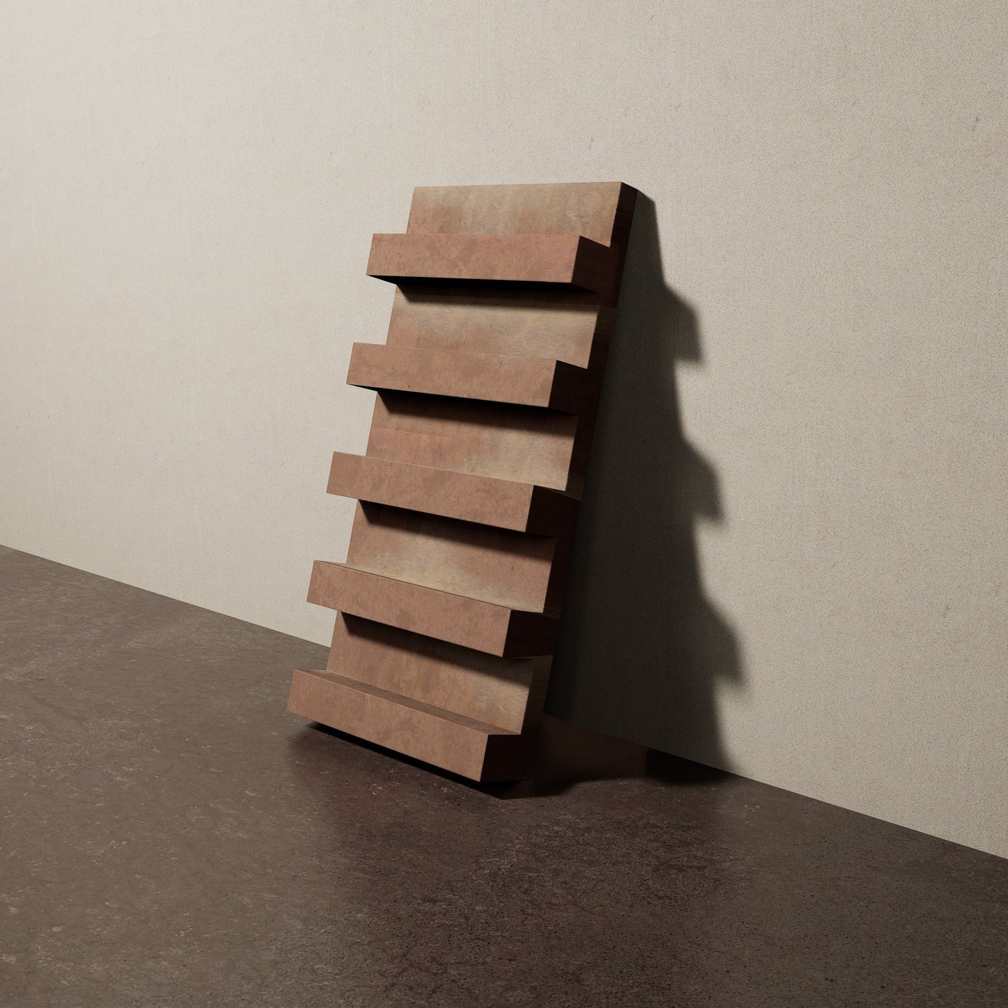 a 16"x8" bespoke heavy concrete tile with five evenly spaced ribs leans against a textured, plaster wall on an unfinished concrete floor