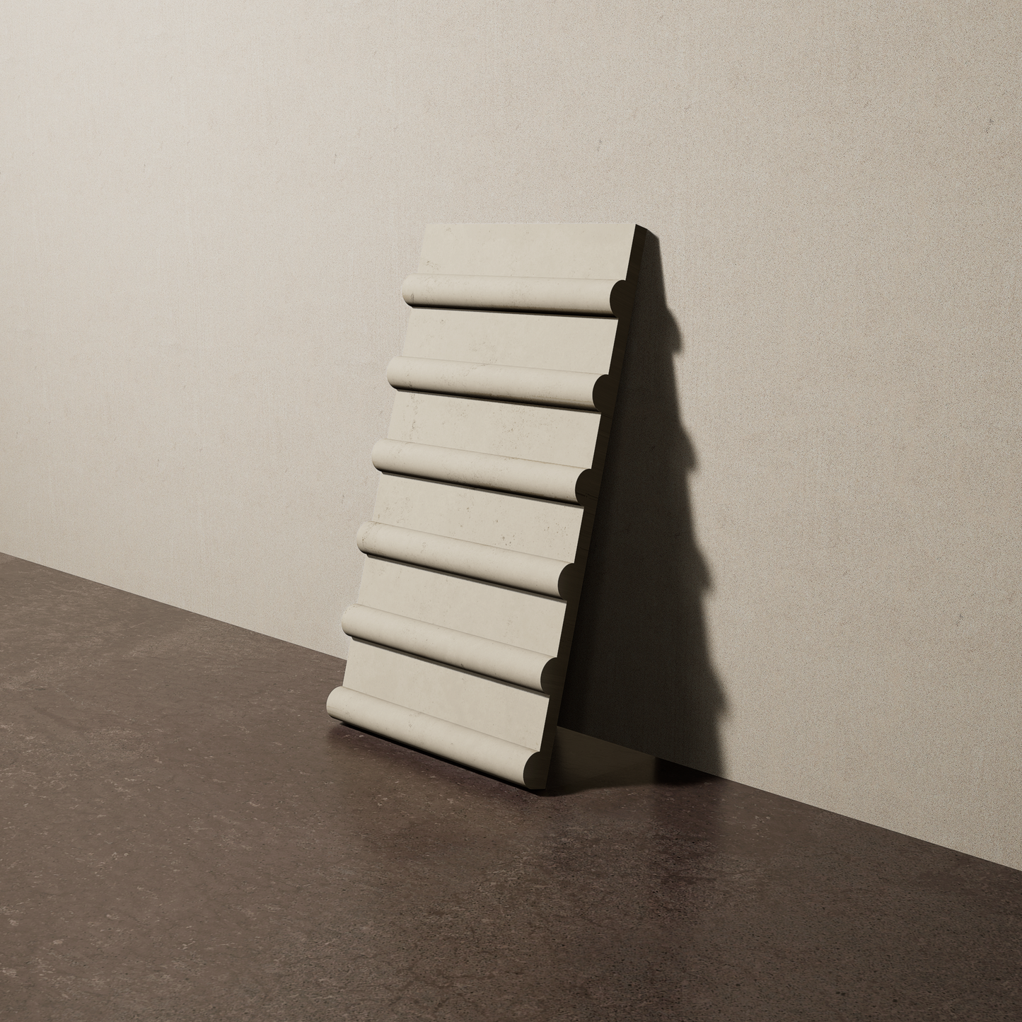 a 8"x15" bespoke concrete tile with six rounded ribs leans against a textured, plaster wall on an unfinished concrete floor
