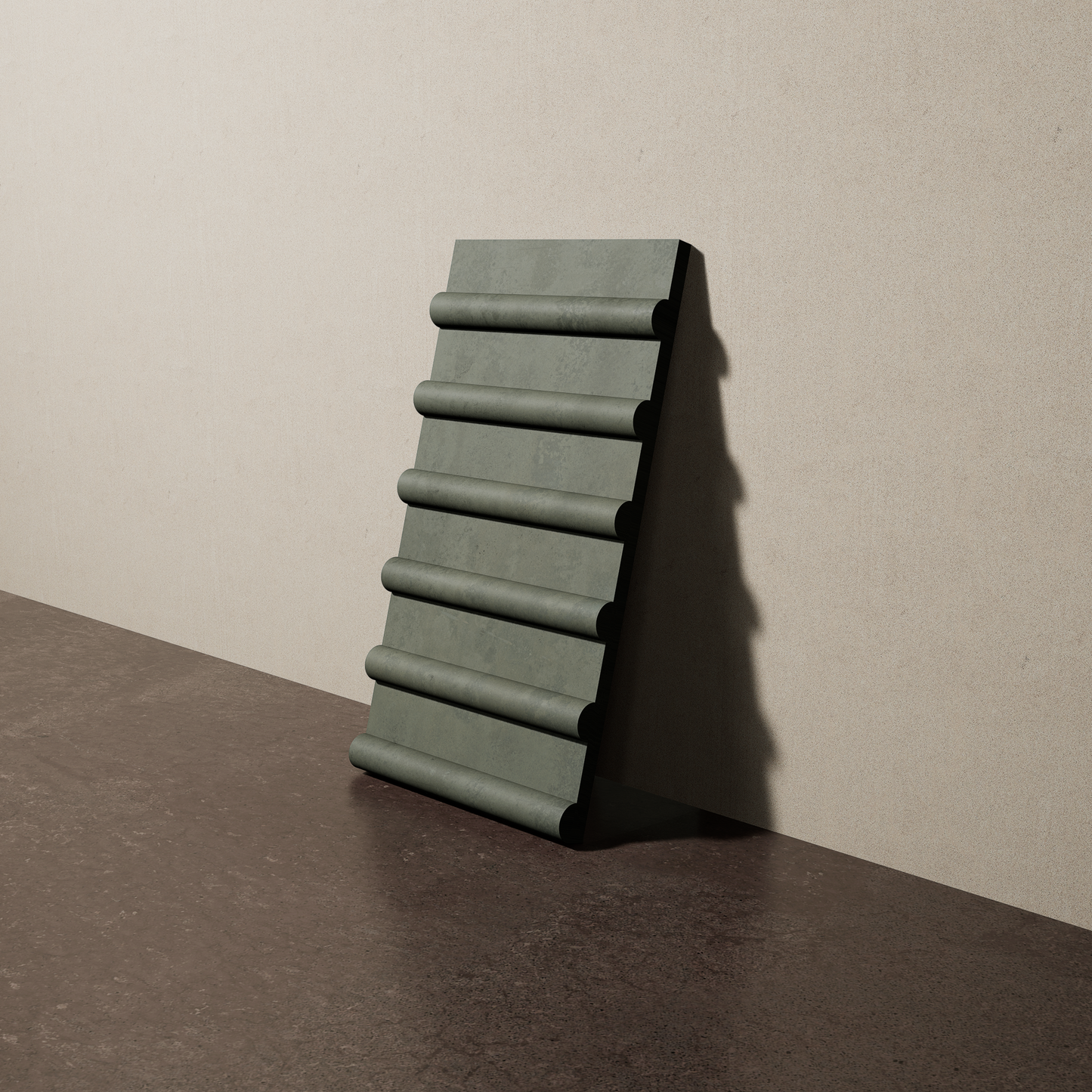 a 8"x15" bespoke concrete tile with six rounded ribs leans against a textured, plaster wall on an unfinished concrete floor