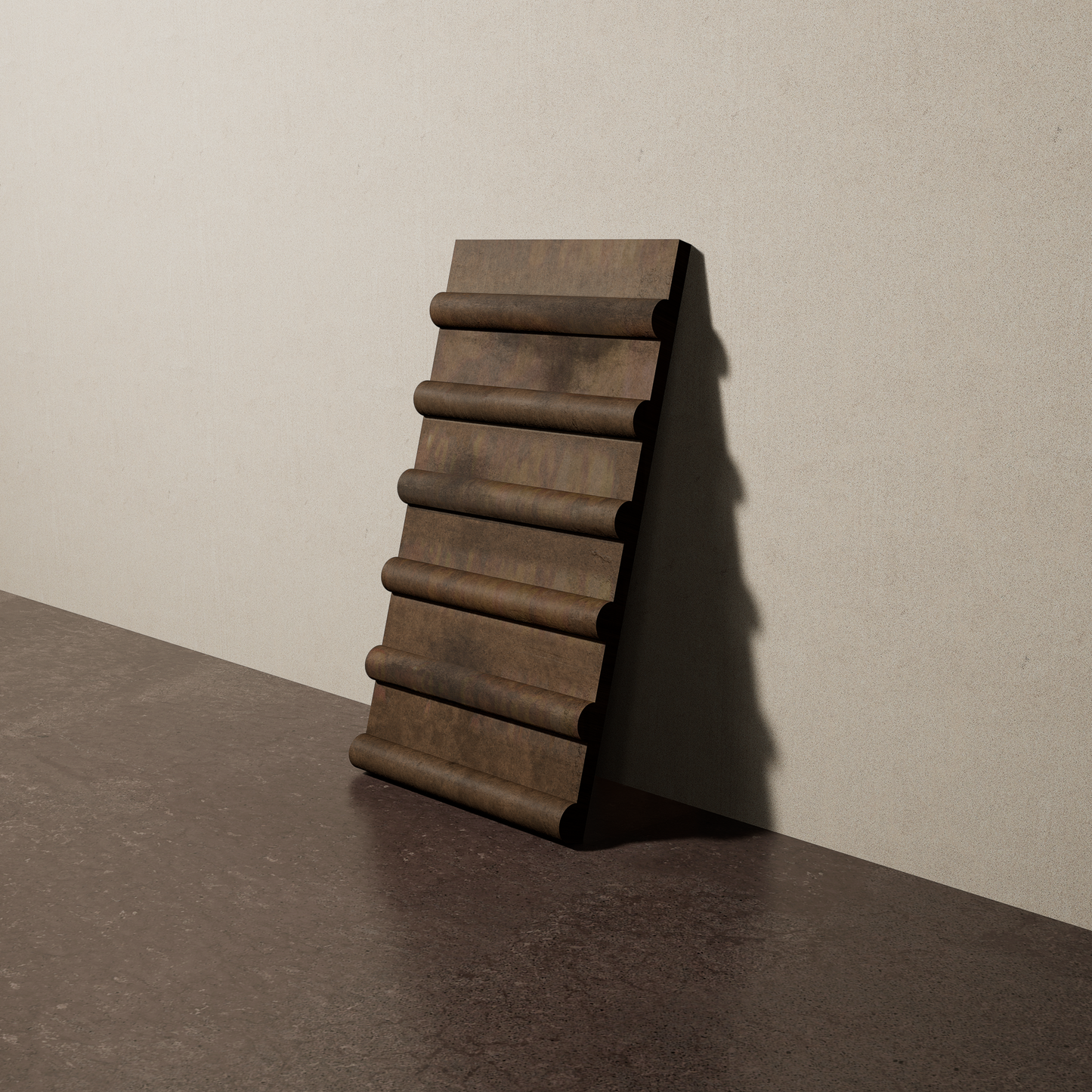 a 8"x15" bespoke concrete tile with six rounded ribs leans against a textured, plaster wall on an unfinished concrete floor