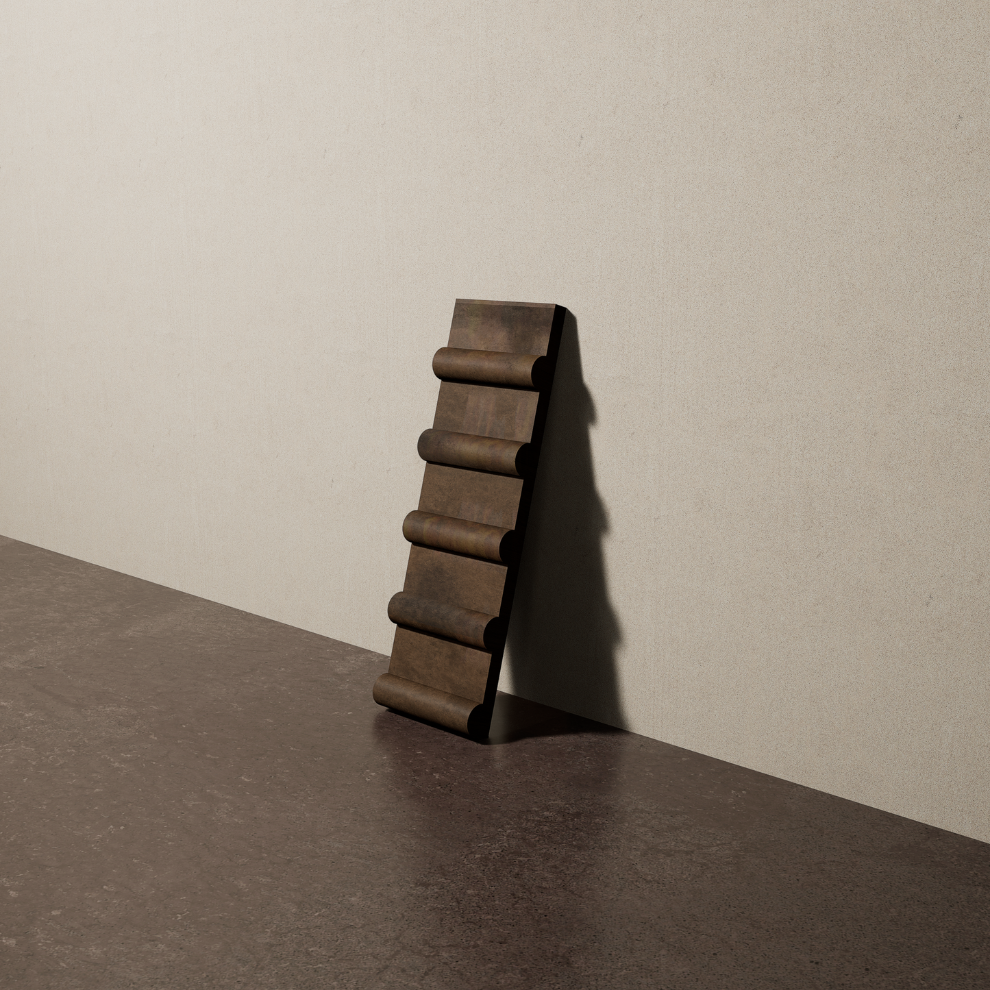 a 4"x12.5" bespoke concrete tile with five rounded ribs leans against a textured, plaster wall on an unfinished concrete floor